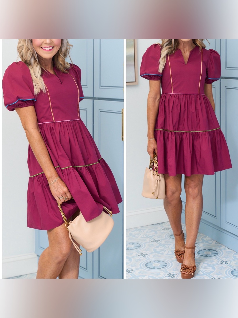 AVARA Short Puff-Sleeve Tiered Dress in Deep Magenta SMALL